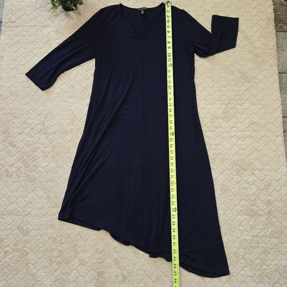 Eileen Fisher Navy Blue V-Neck Asymmetrical Hem Shift Dress, Size Large - Picture 4 of 7